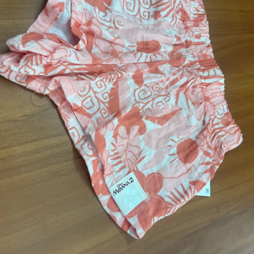 Disney Moana 2 Girls Small Peach Tropical Floral Cotton Gauze Shirt Shorts Set S